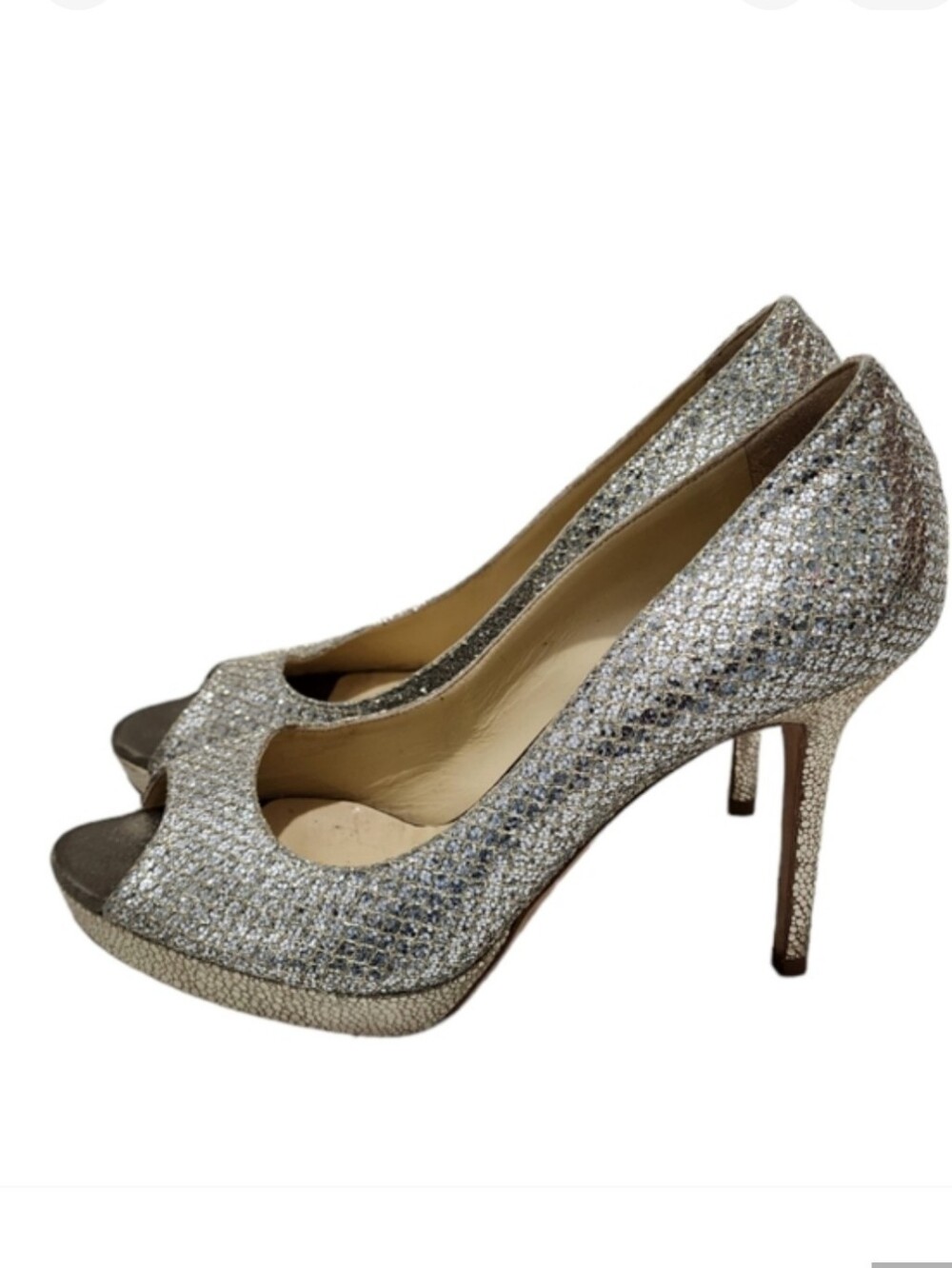 Jimmy Choo Champagne Glitter Luna Peep Toe Platform Pumps Size 37